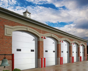 row of white commercial garage doors